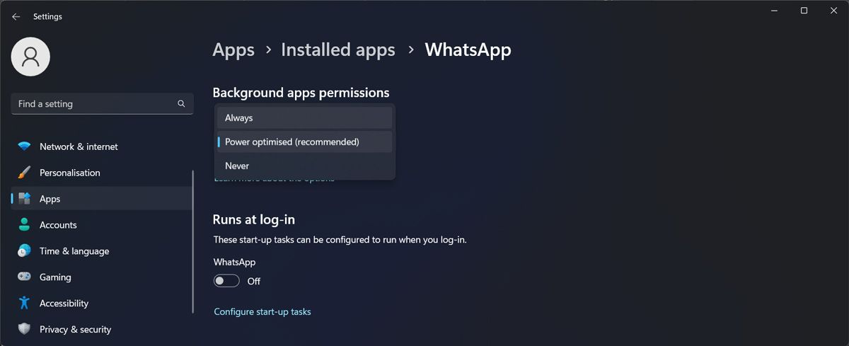 WhatsApp permission settings in Windows