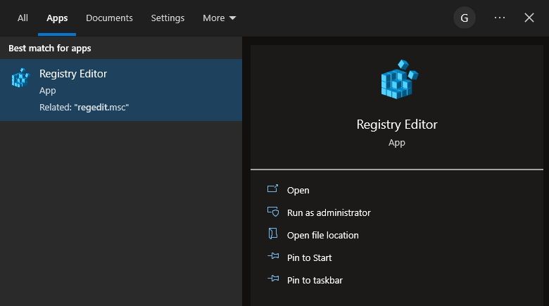 windows registry editor in start menu search bar options