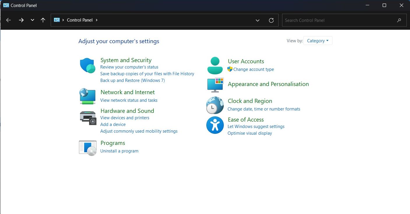 windows settings main page screenshot