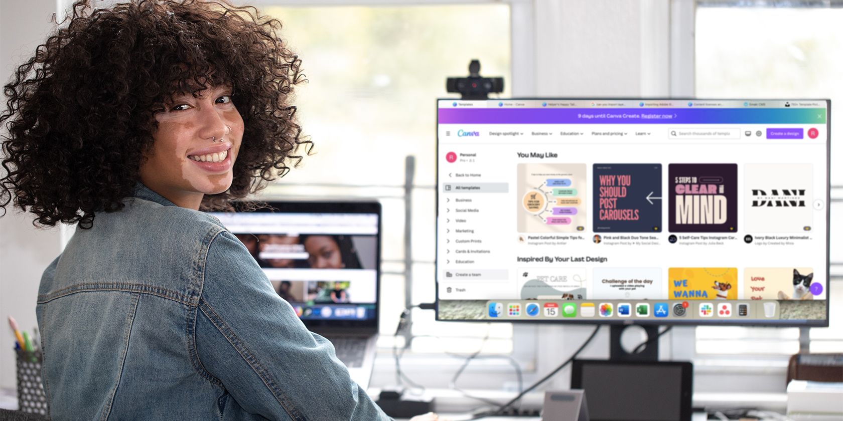 Woman using Canva on desktop.