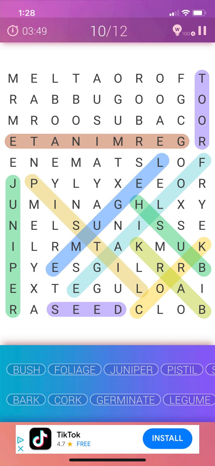 پازل Word Search Pro در حال انجام است