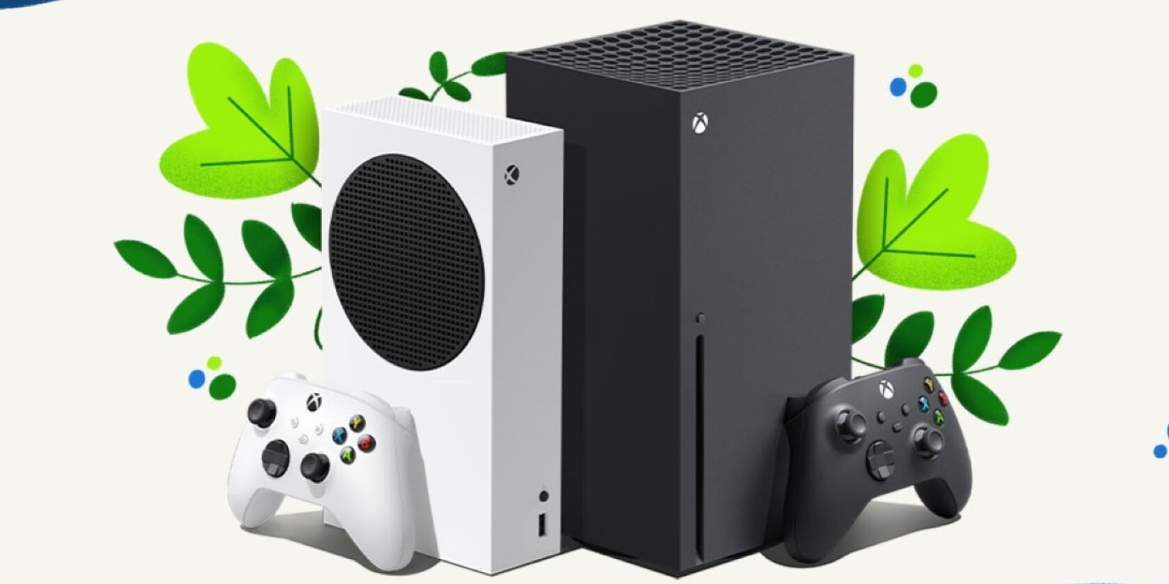 A screenshot of an eco themed image of an Xbox Series X and Xbox Series S console