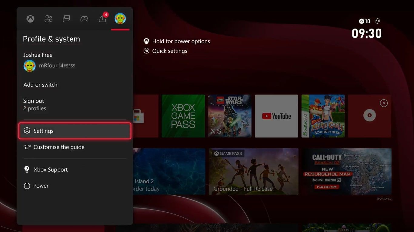 A screenshot of the Guide Menu for Xbox Series X with Settings highlighted 