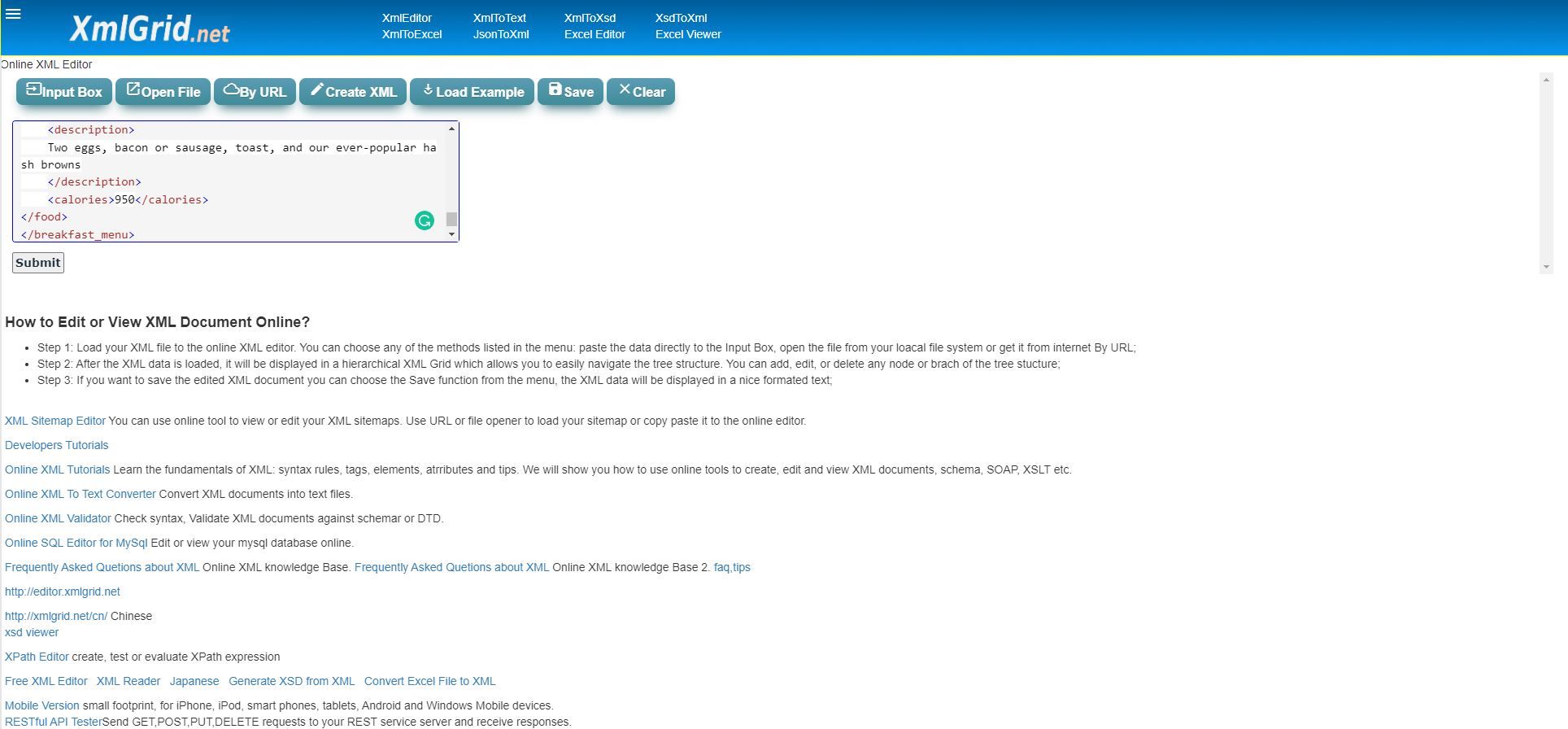 A Screenshot of the XMLGrid net XML Editor in Use