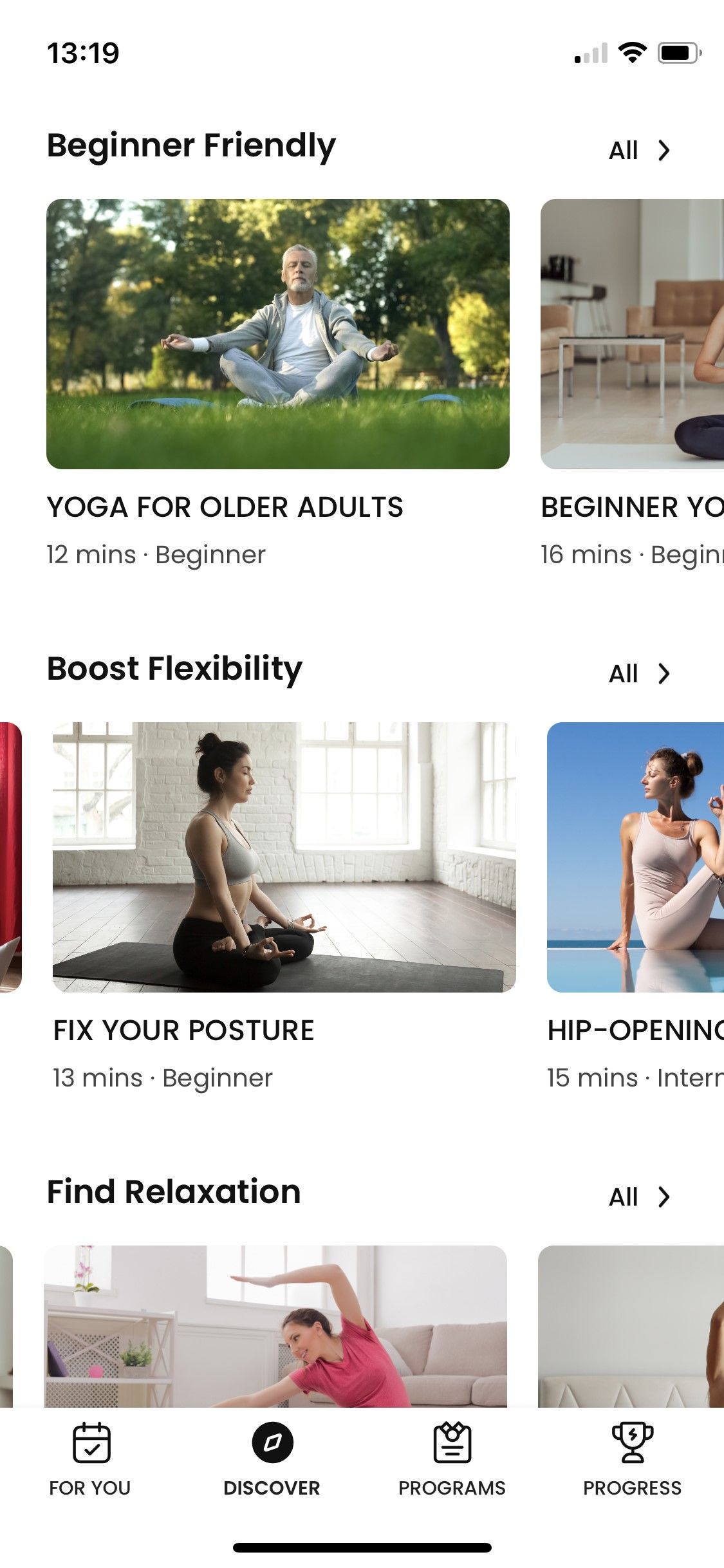 Yoga for beginners app discover tab