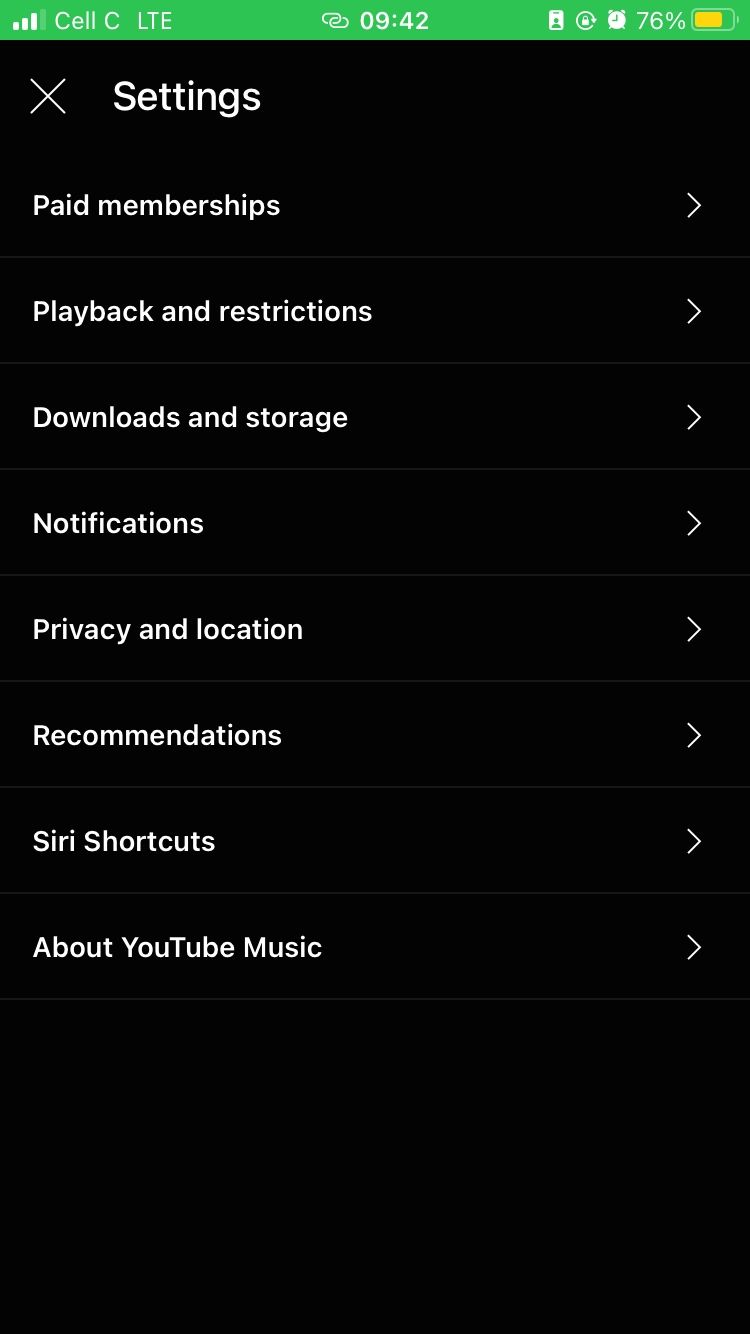 YouTube Music settings page on mobile app