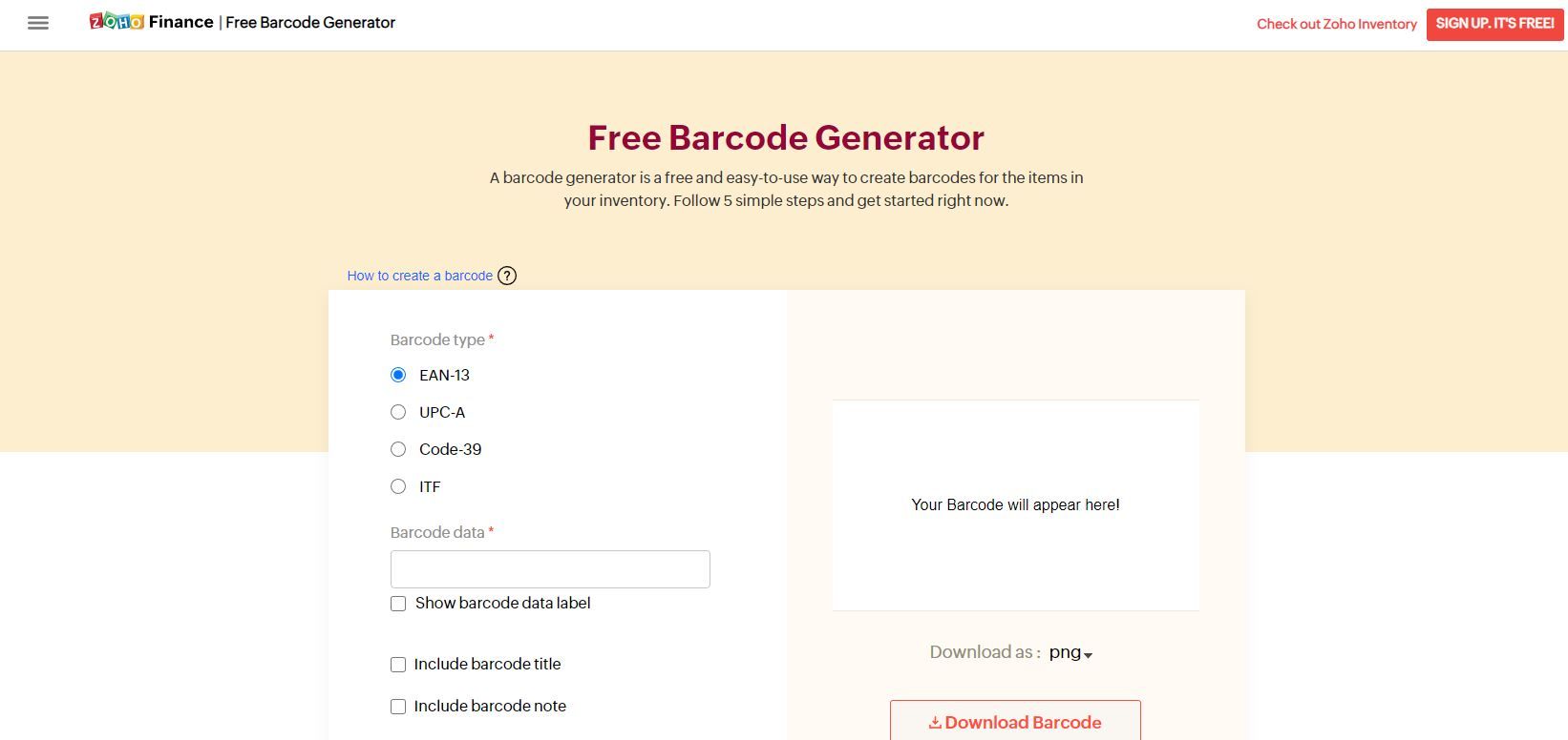 A Screenshot of the Zoho Free Online Barcode Generator in Use