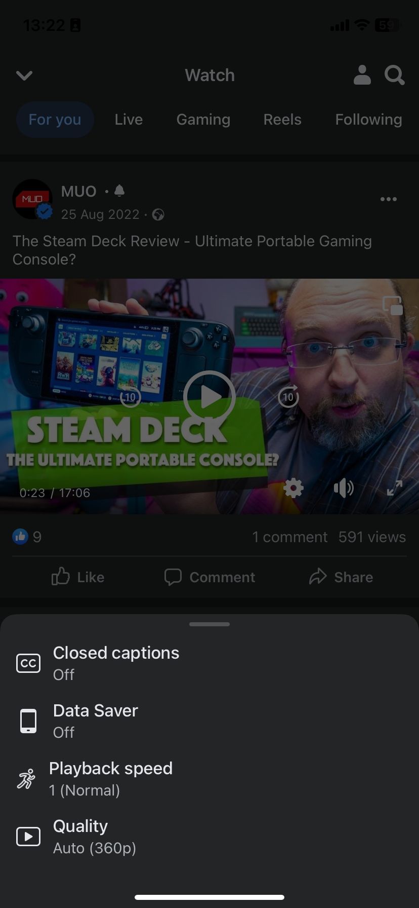 Facebook video quality settings pop-up