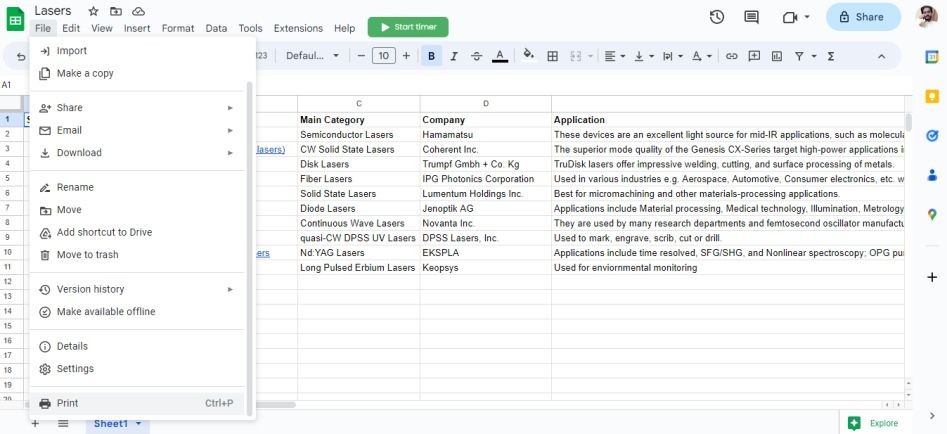 Print option in File menu