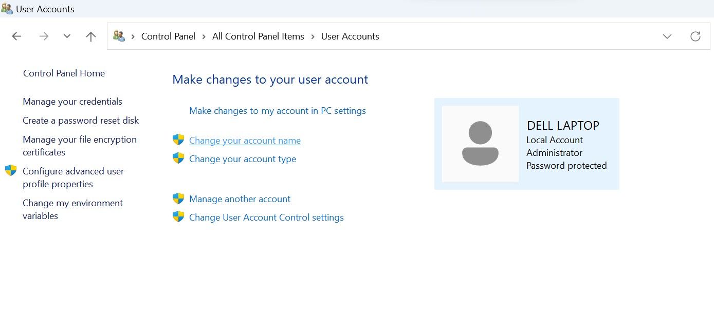 Nhấp vào Thay đổi tên tài khoản của bạn trong Cài đặt tài khoản người dùng trong Bảng điều khiển Windows
