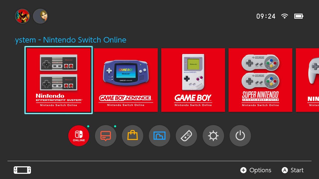 A screenshot of the home screen for a Nintendo Switch with the Nintendo Entertainment System service highlighted 