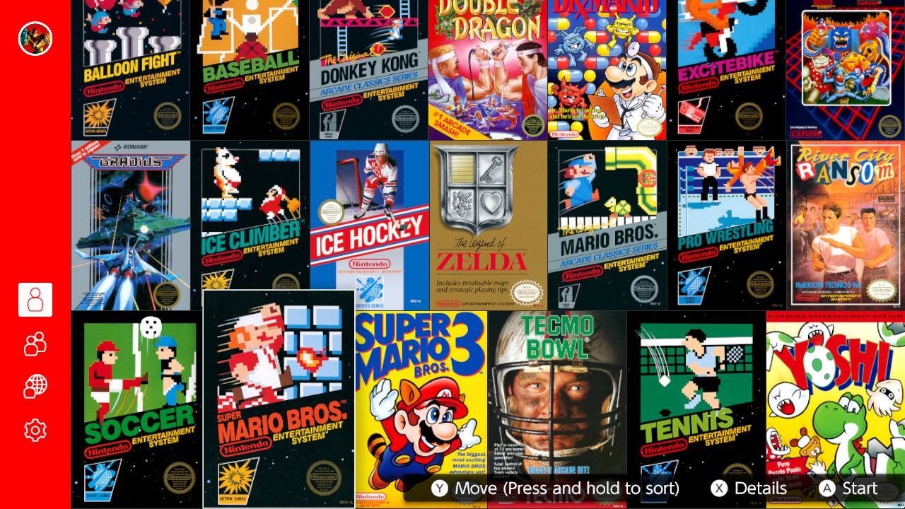 A screenshot of the available games in the Nintendo Entertainment System emulator available with Nintendo Switch Online 