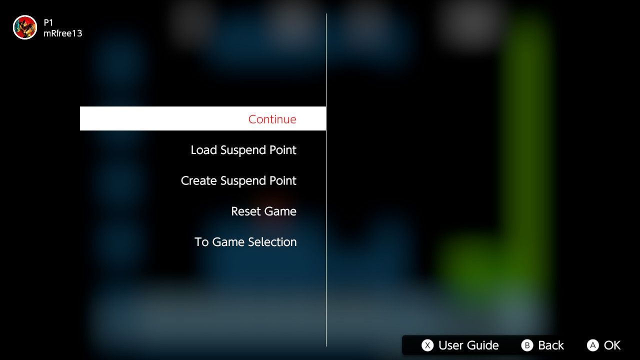 A screenshot of the Suspend Menu available for Nintendo Switch Online emulators 
