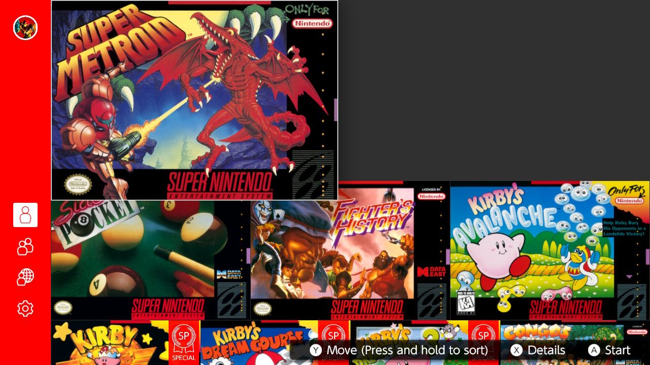 A screenshot of the available Super Nintendo Entertainment System games taken through Nintendo Switch Online 