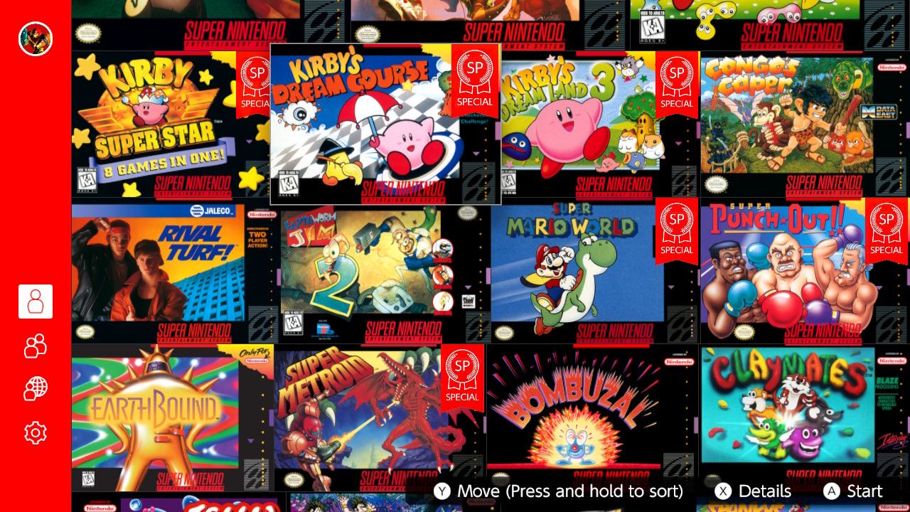 A screenshot of the available Super Nintendo Entertainment System titles with SP games highlighted 
