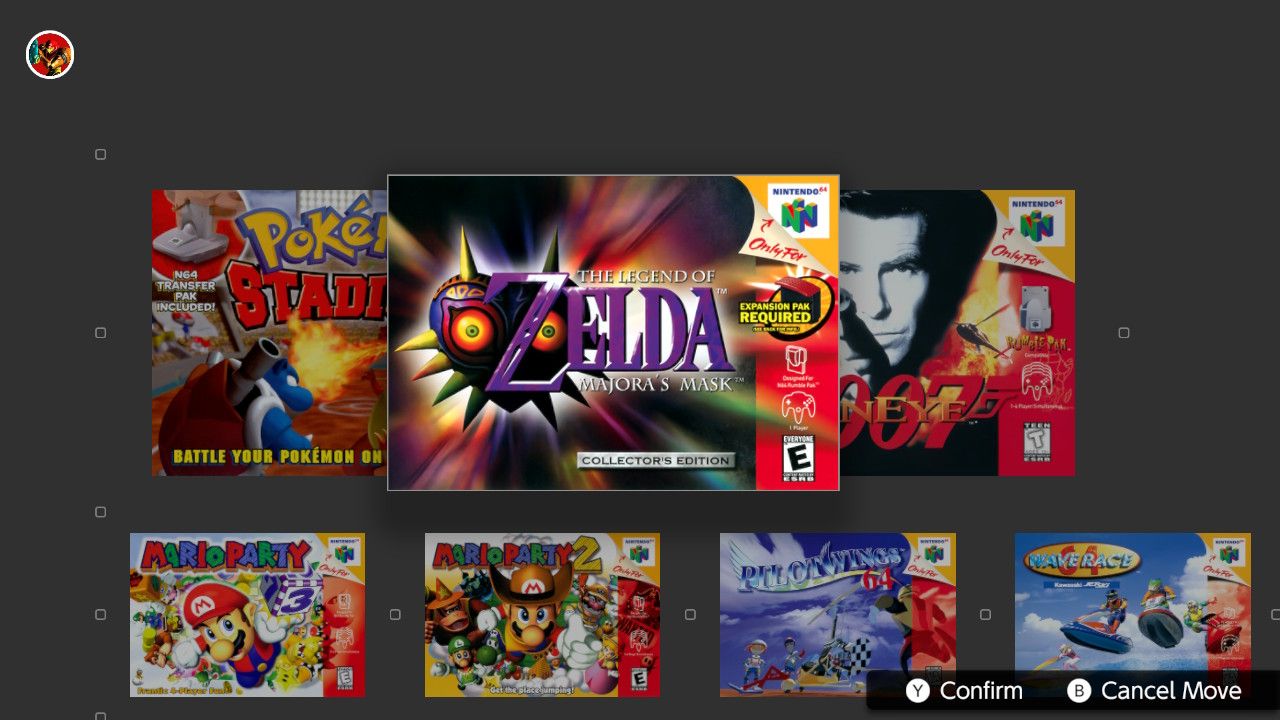 A screenshot of the layout of the N64 emulator available through Nintendo Switch Online with the option to Move a game highlighted 