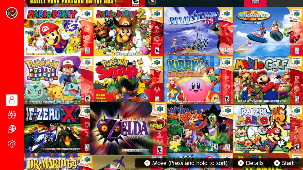 A screenshot of the home screen for the N64 emulator available through Nintendo Switch Online 
