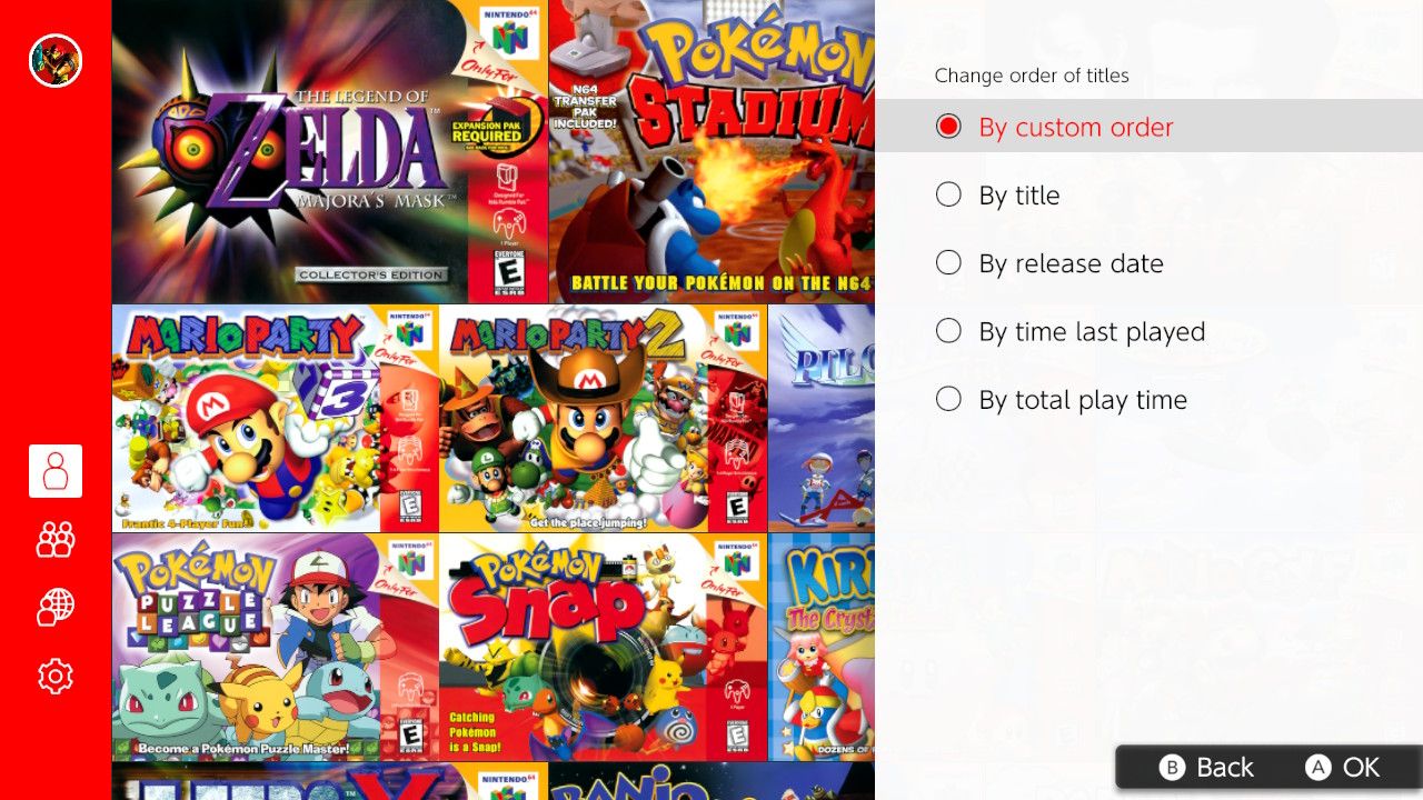 A screenshot of the N64 emulator taken through Nintendo Switch Online with the Filter customization options highlighted 