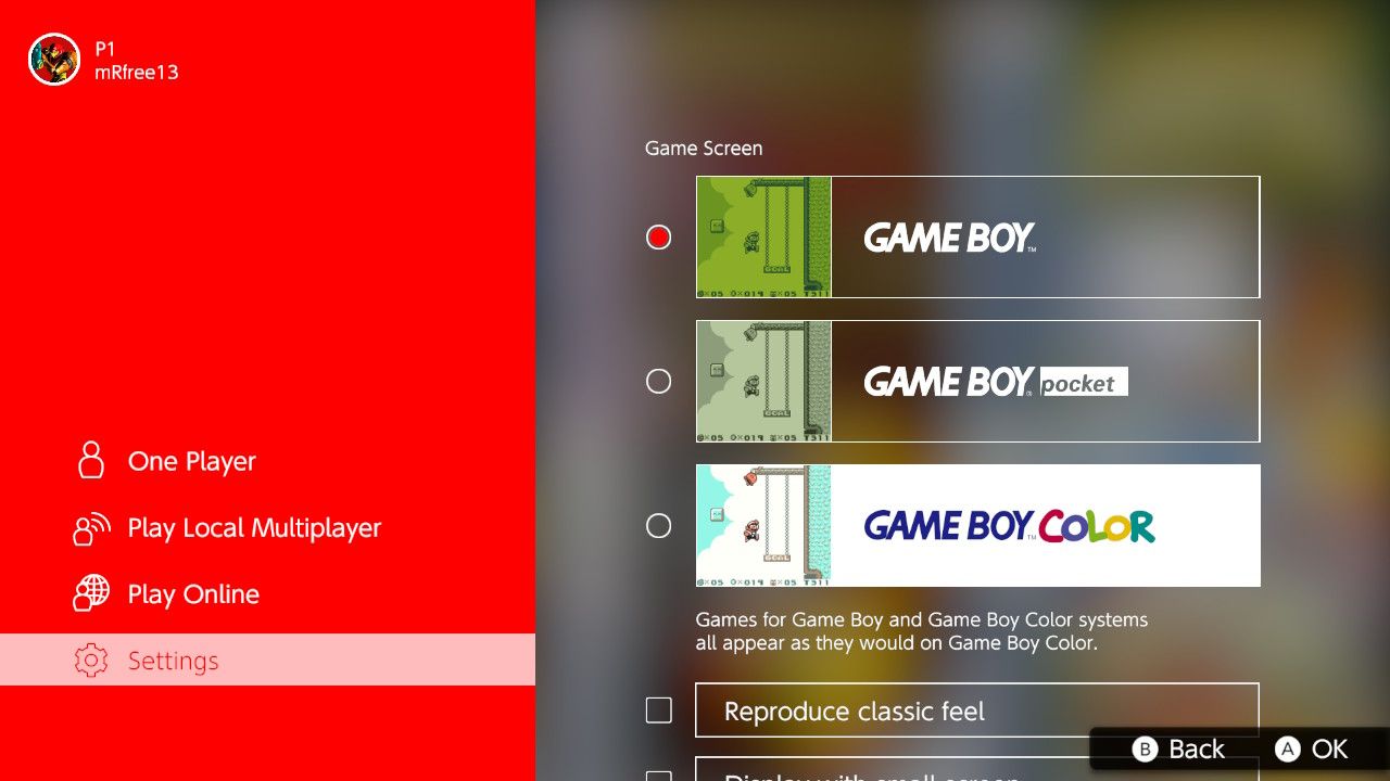 A screenshot of the Game Boy emulator available through Nintendo Switch Online highlighting Game Screen options 