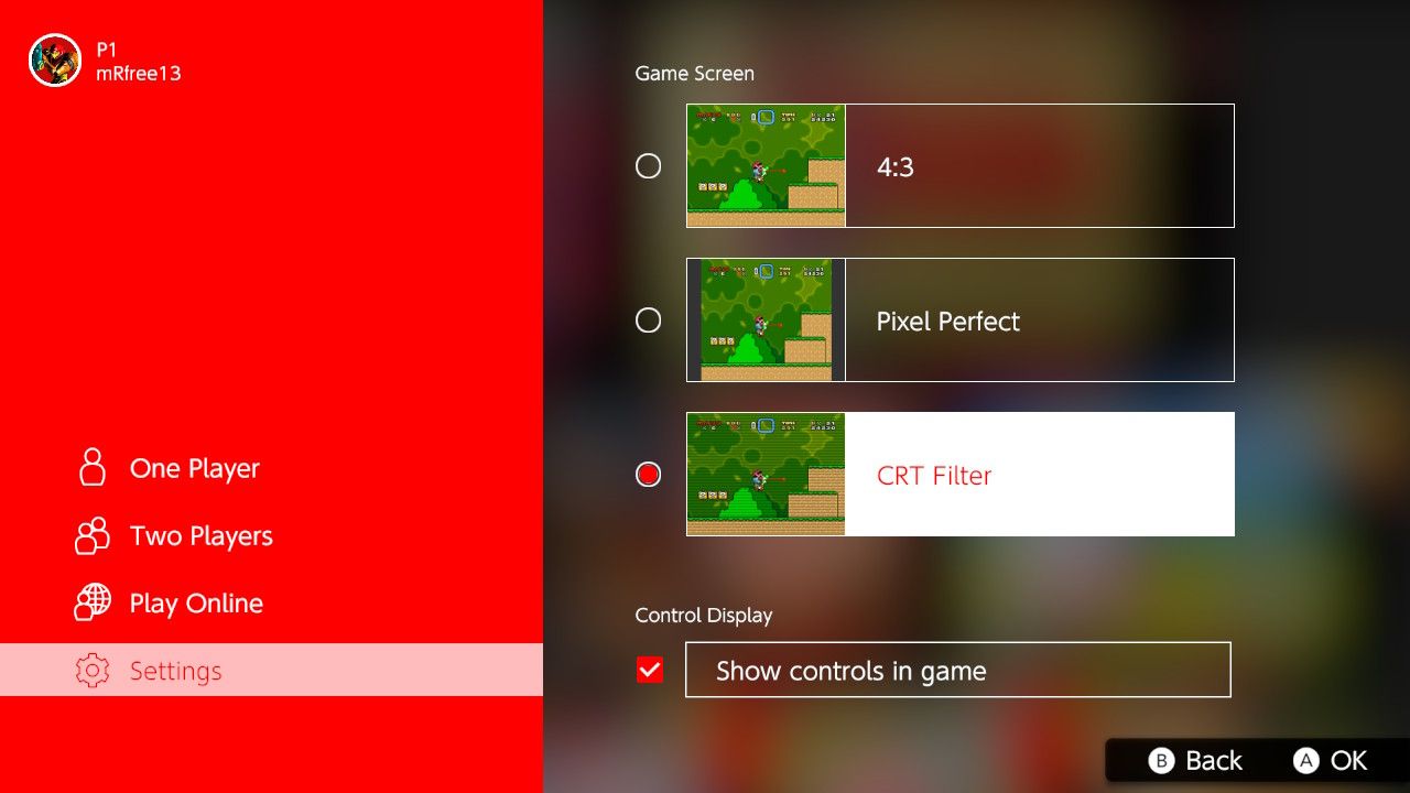 A screenshot of the Game Screen options for the Super Entertainment System available through Nintendo Switch Online 