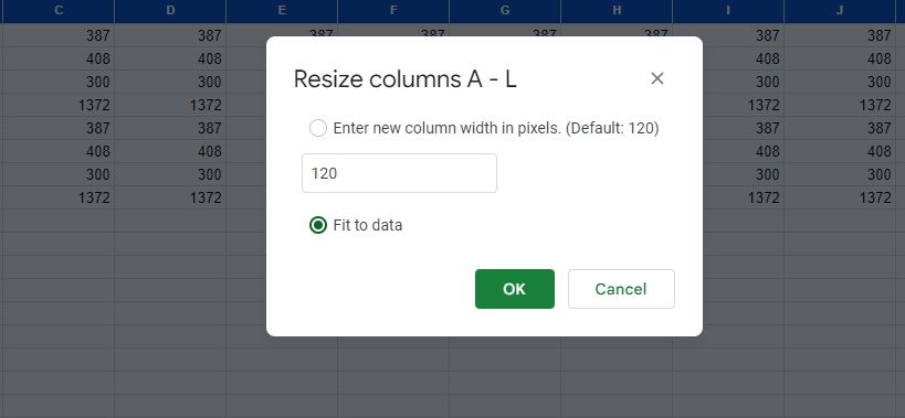 Resize columns A to L dialog box