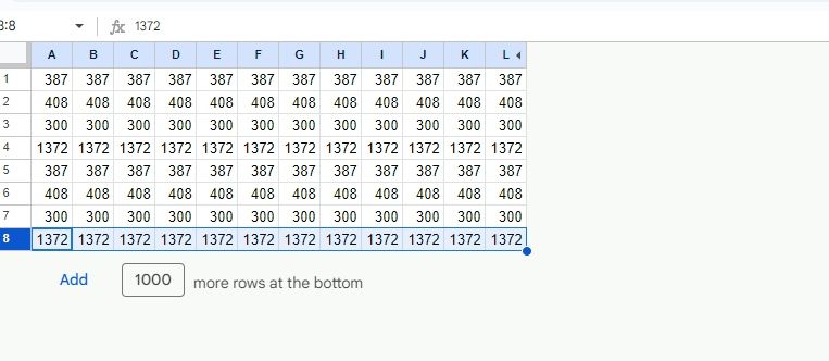 Worksheet with hidden rows and columns