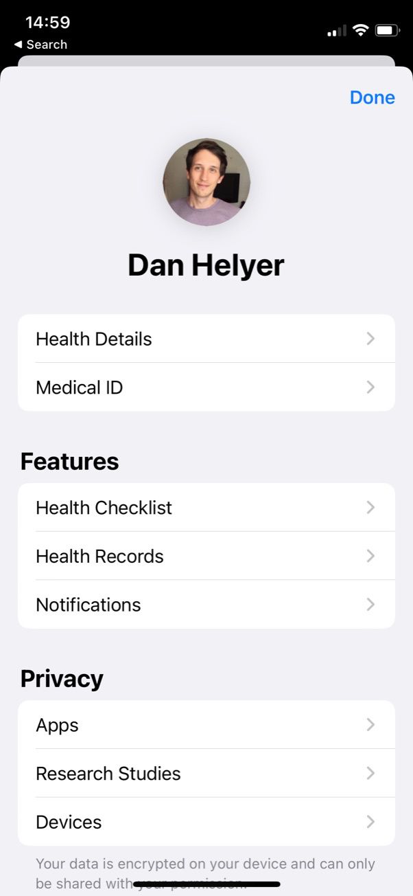 Profile screen in Apple Health app on iPhone