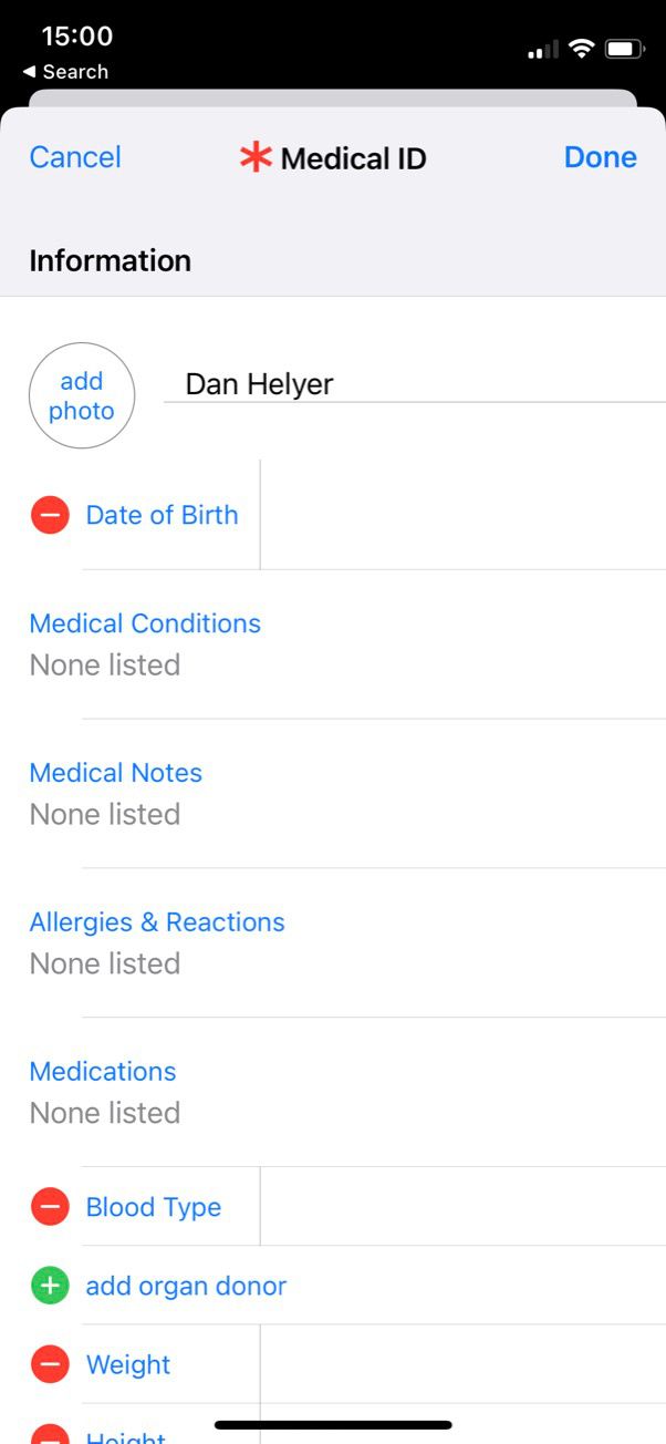 Filling in Medical ID on iPhone