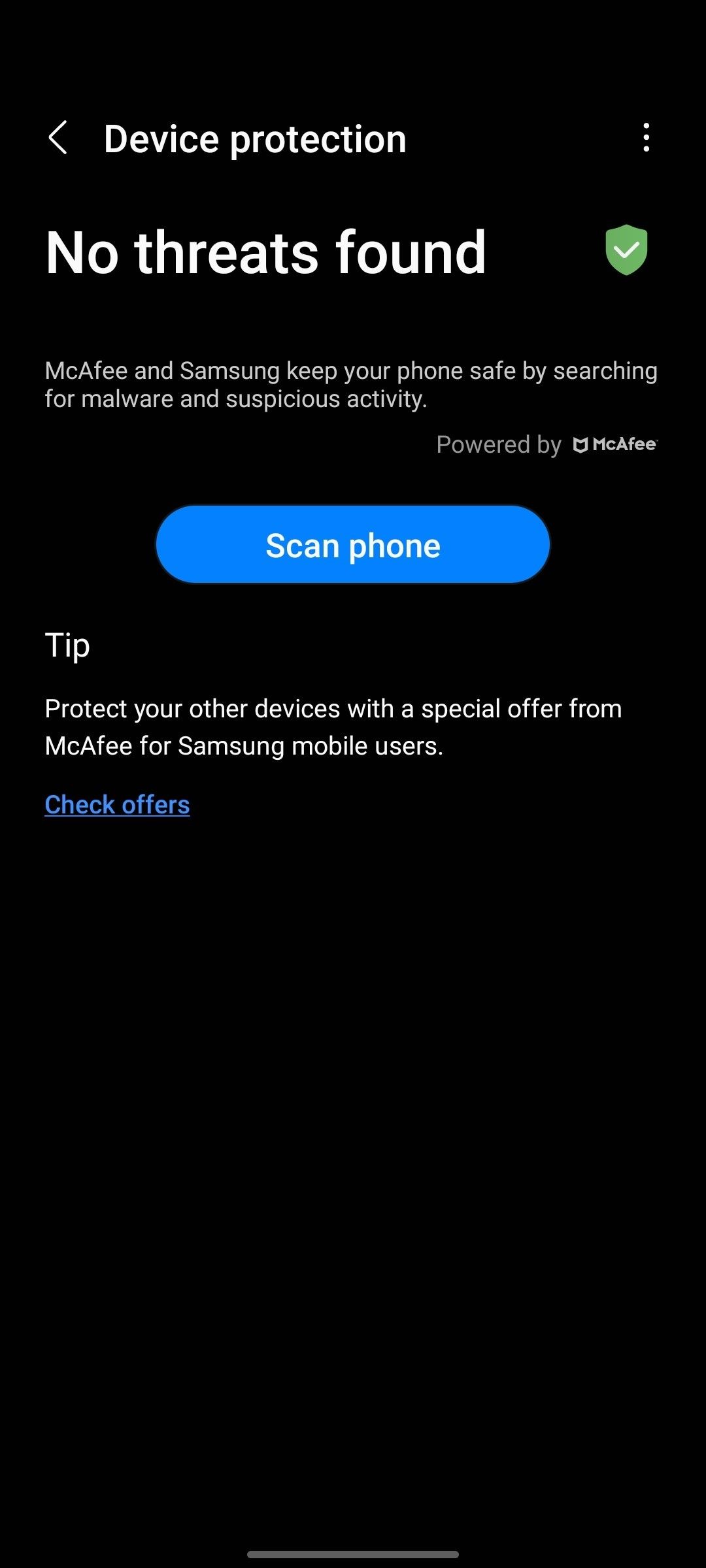Tap on Scan Phone Button in Device Protection Tab of Samsung Settings