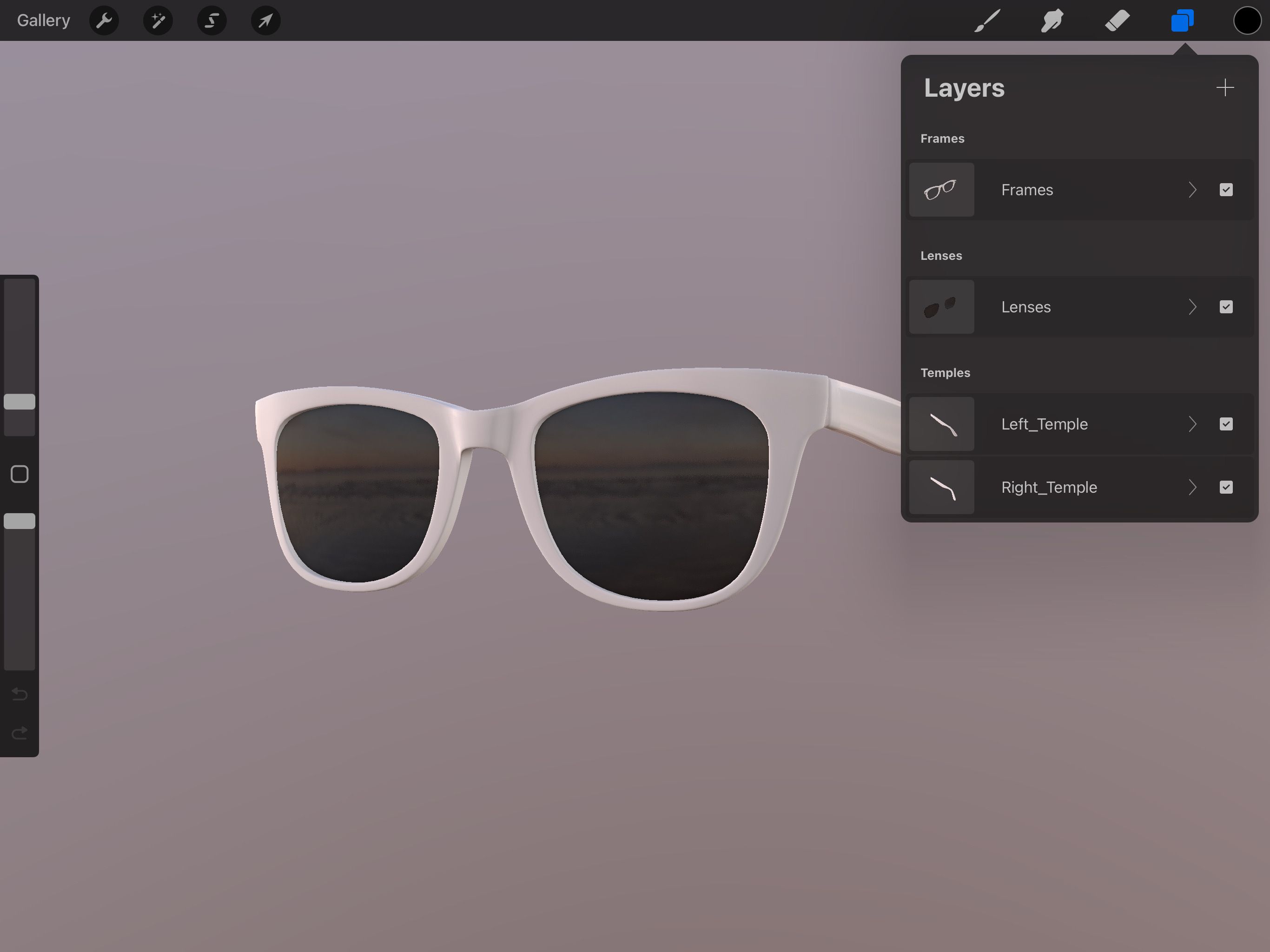 Mô hình 3D của kính râm trắng trong Procreate