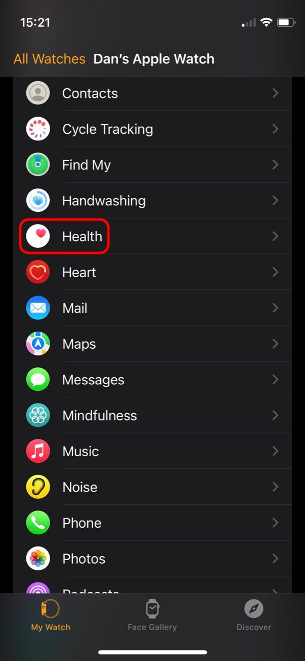 Health app option in Apple Watch app