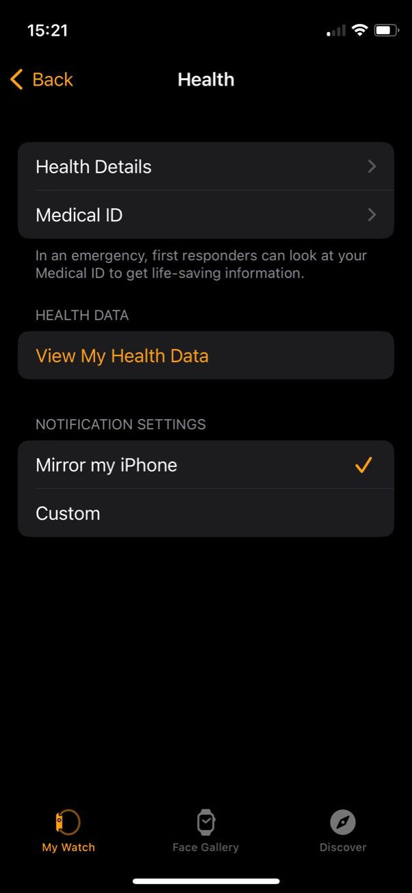 Health options in Apple Watch app