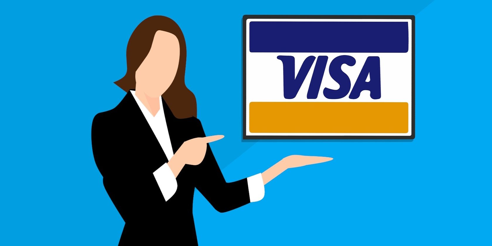 A drawing of a woman pointing to a visa logo