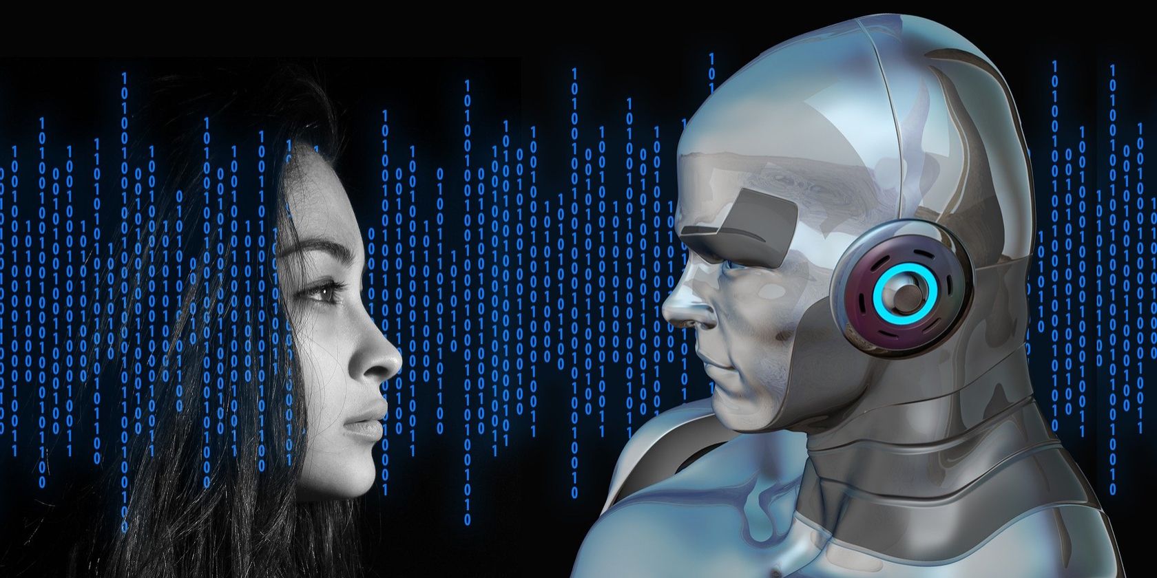 A human-looking robot facing a woman's face