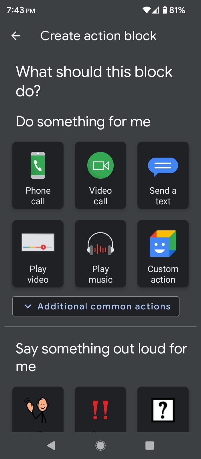 Action Blocks Options for Creating Shortcut Buttons