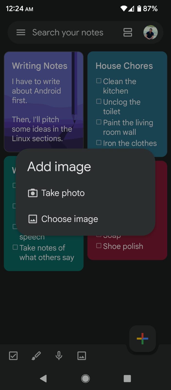 Add image to a note option in Google Keep