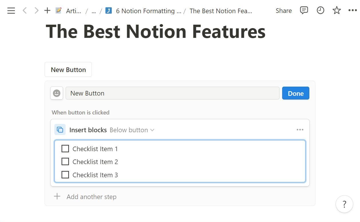 Adding content to a button in Notion