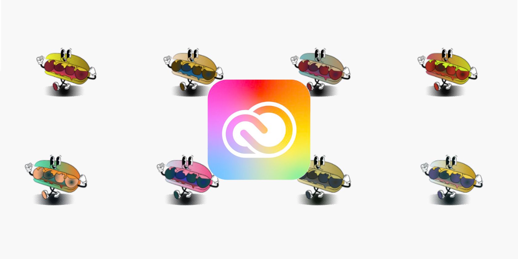 Adobe Creative Cloud logo on background of multi-coloured meatball subs.