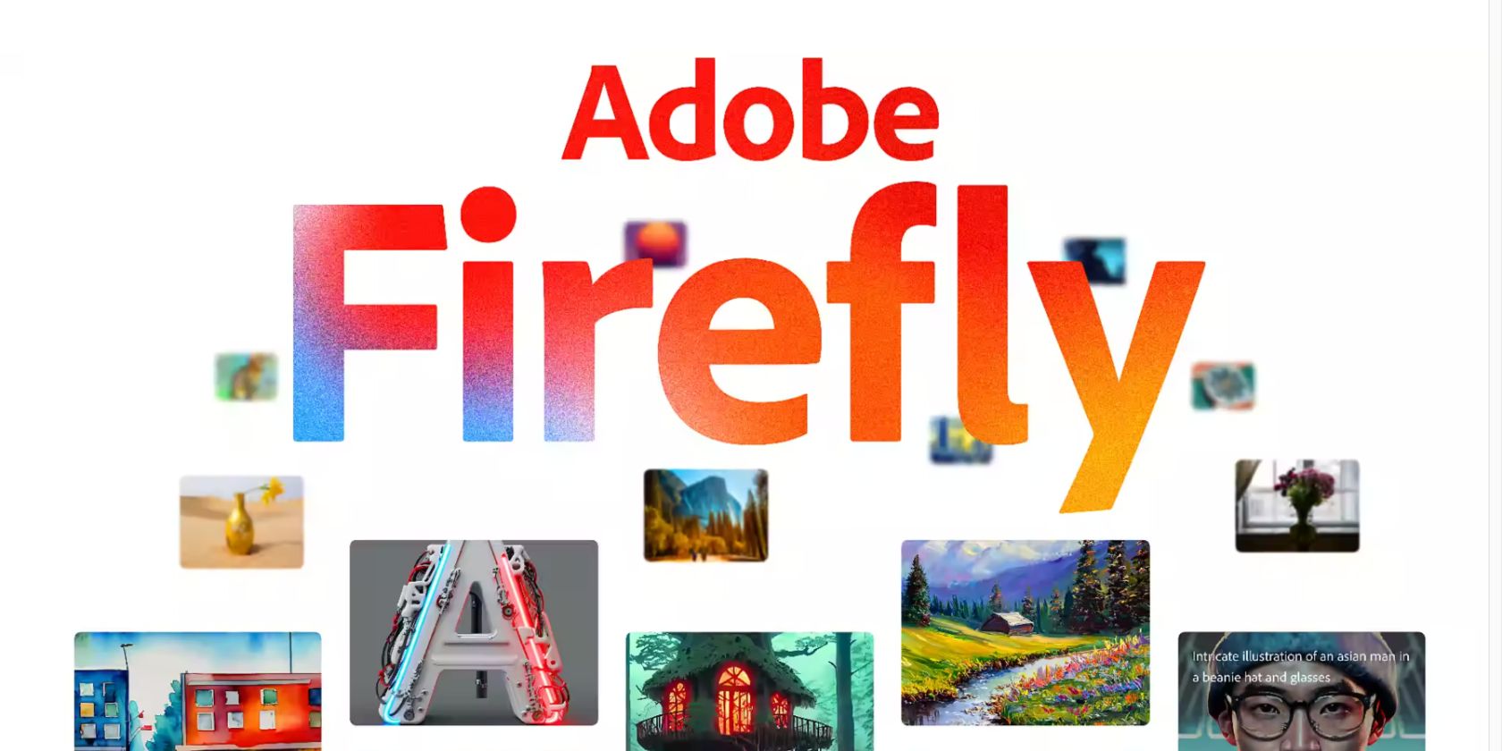 Red and orange text that reads Adobe Firefly, surrounded by AI generated images