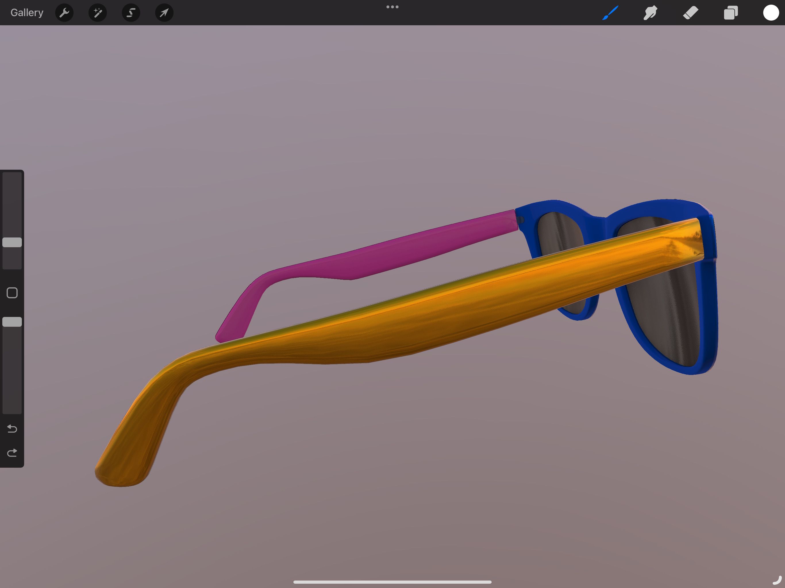 Mô hình 3D của kính râm màu xanh lam, vàng và hồng trong Procreate