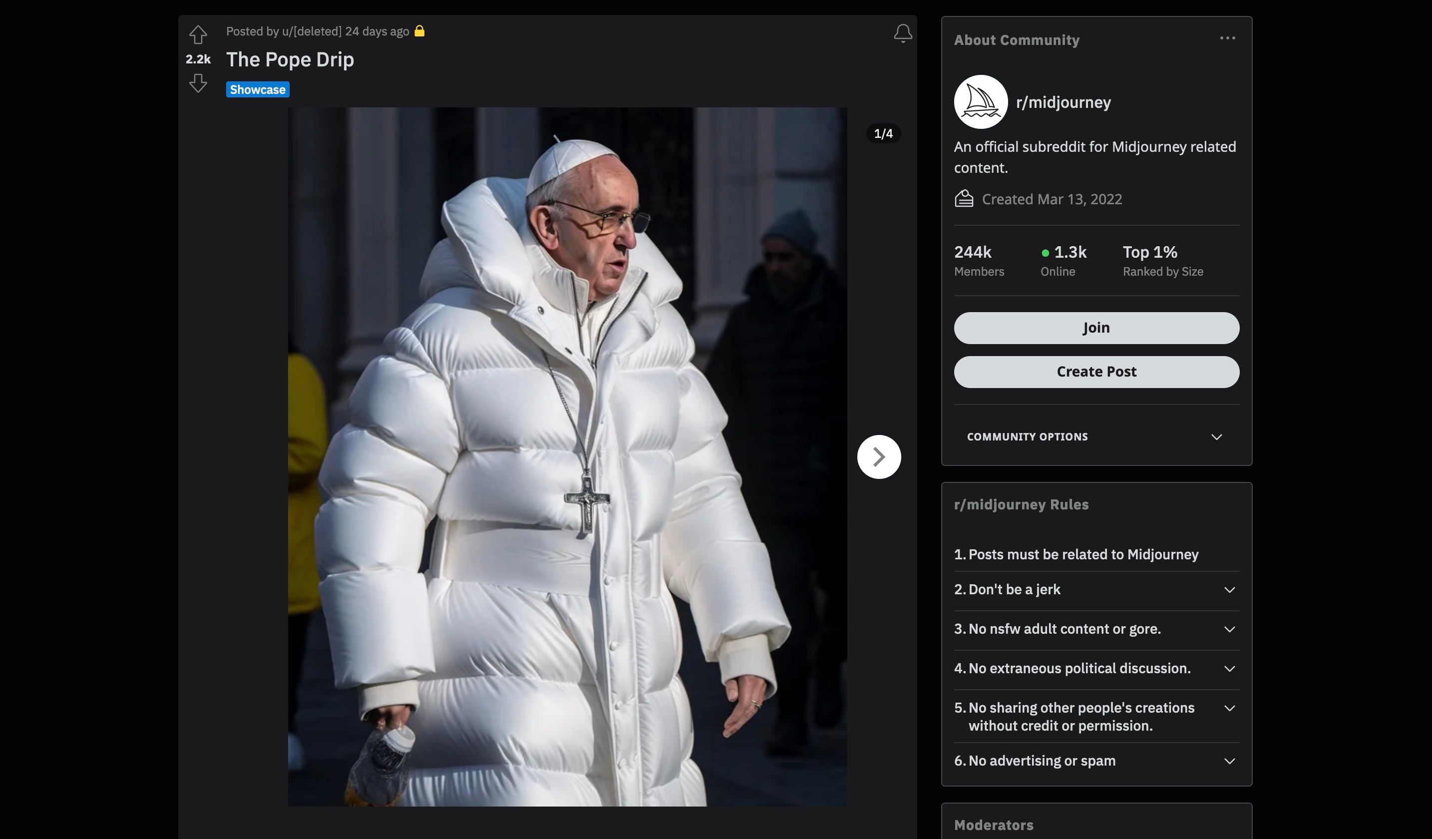 AI generated image of Pope Francis in a puffer jacket, posted to the Midjourney forum on Reddit.