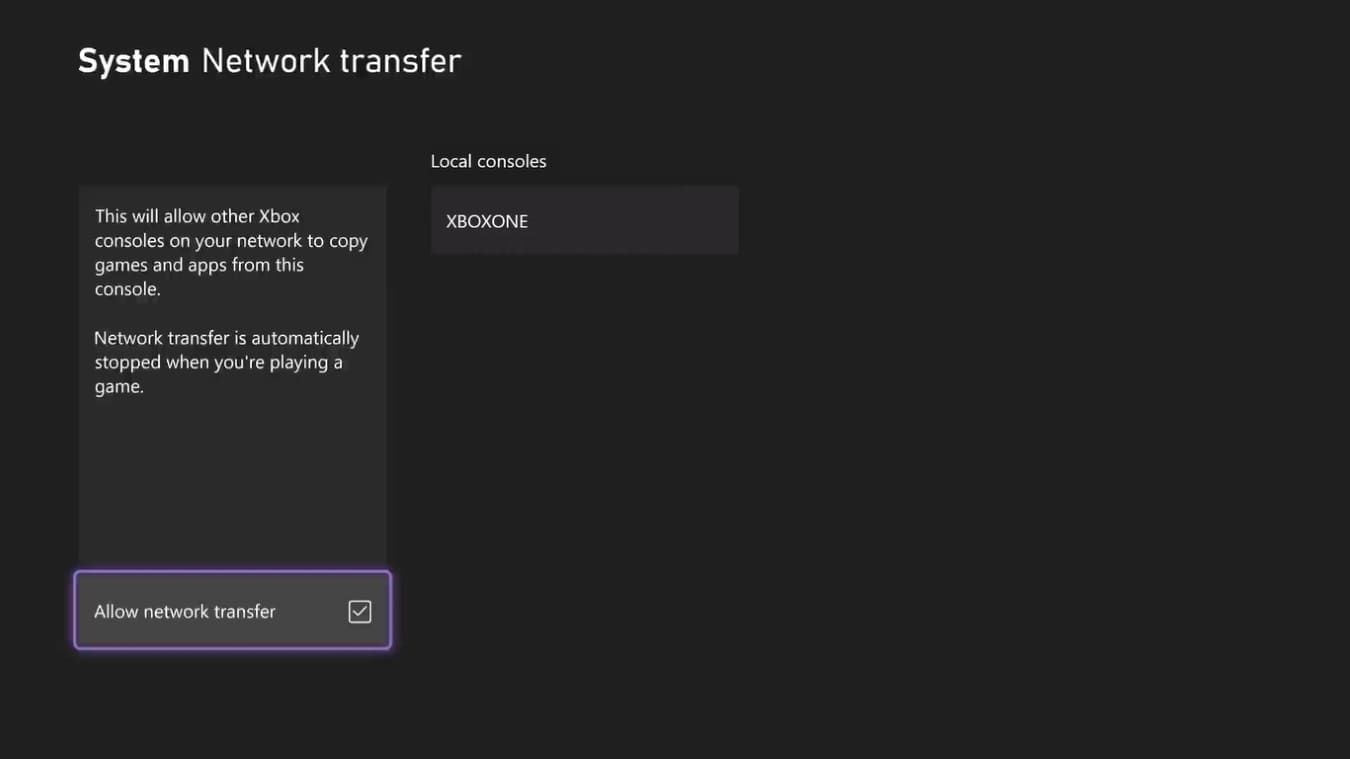 تصویری از تنظیمات انتقال شبکه در Xbox Series X با کنسول محلی Xbox موجود