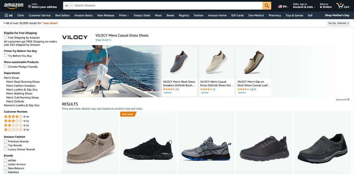 Amazon website featuring shoes