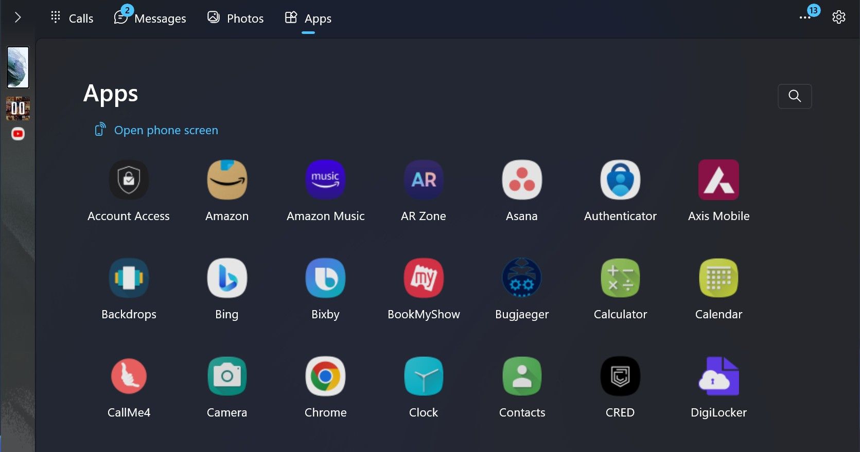 Cuplikan layar menampilkan aplikasi Android di aplikasi Phone Link