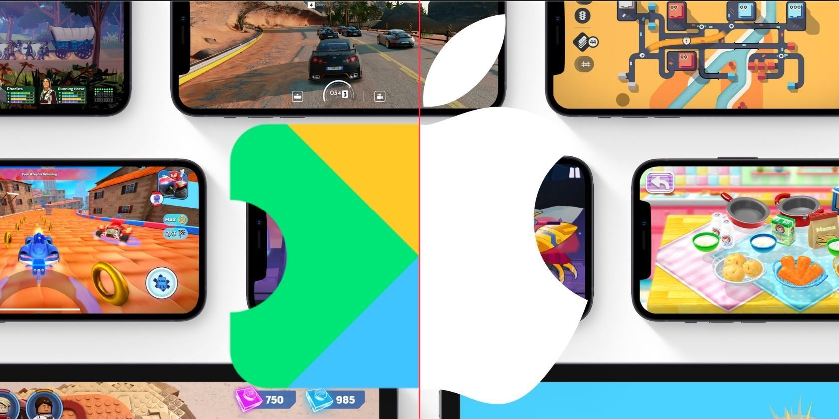 Apple Arcade and Google Play Pass Logo on background of Mobile Devices playing games