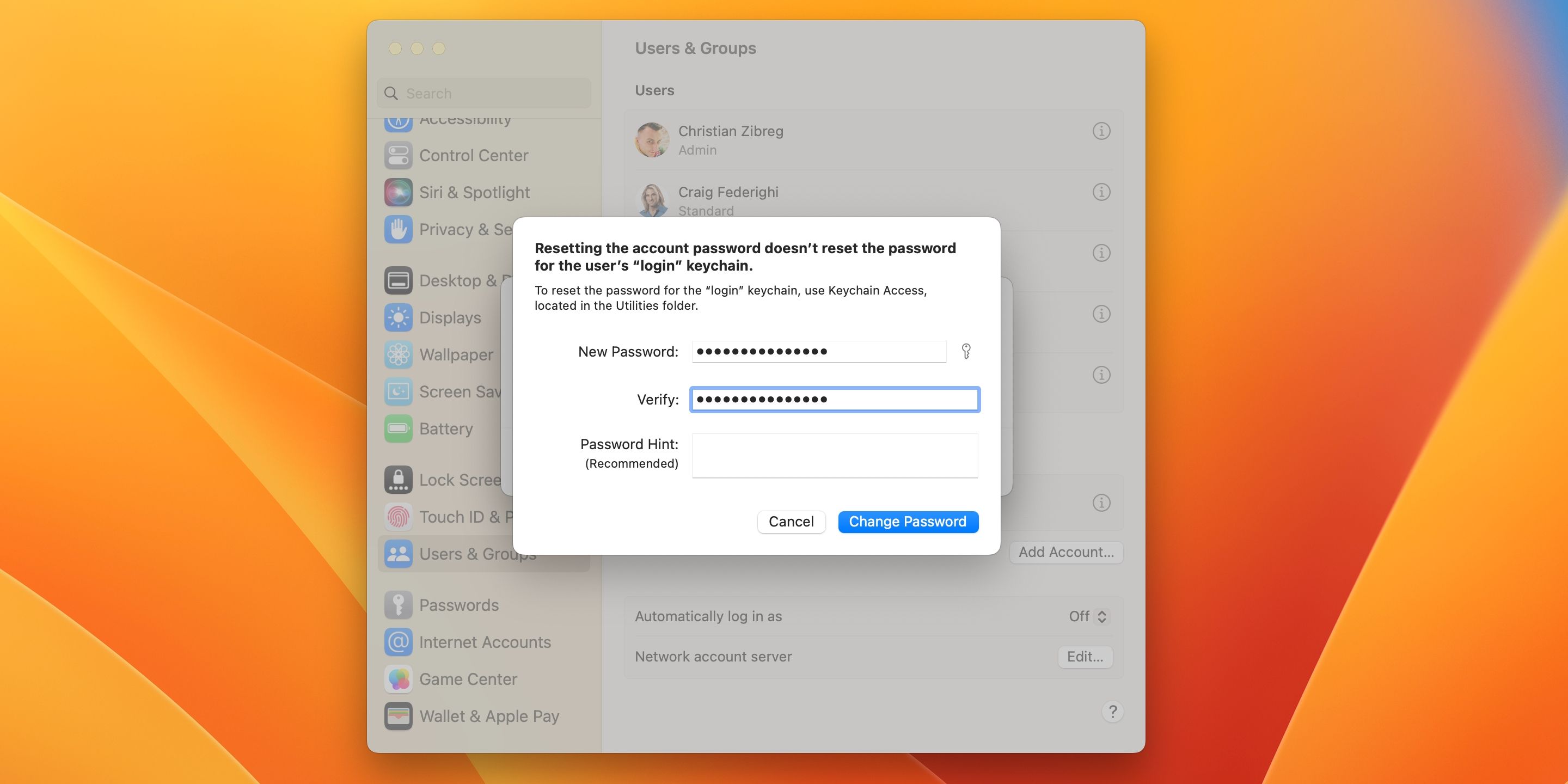 Thay đổi mật khẩu tài khoản macOS trong Cài đặt hệ thống