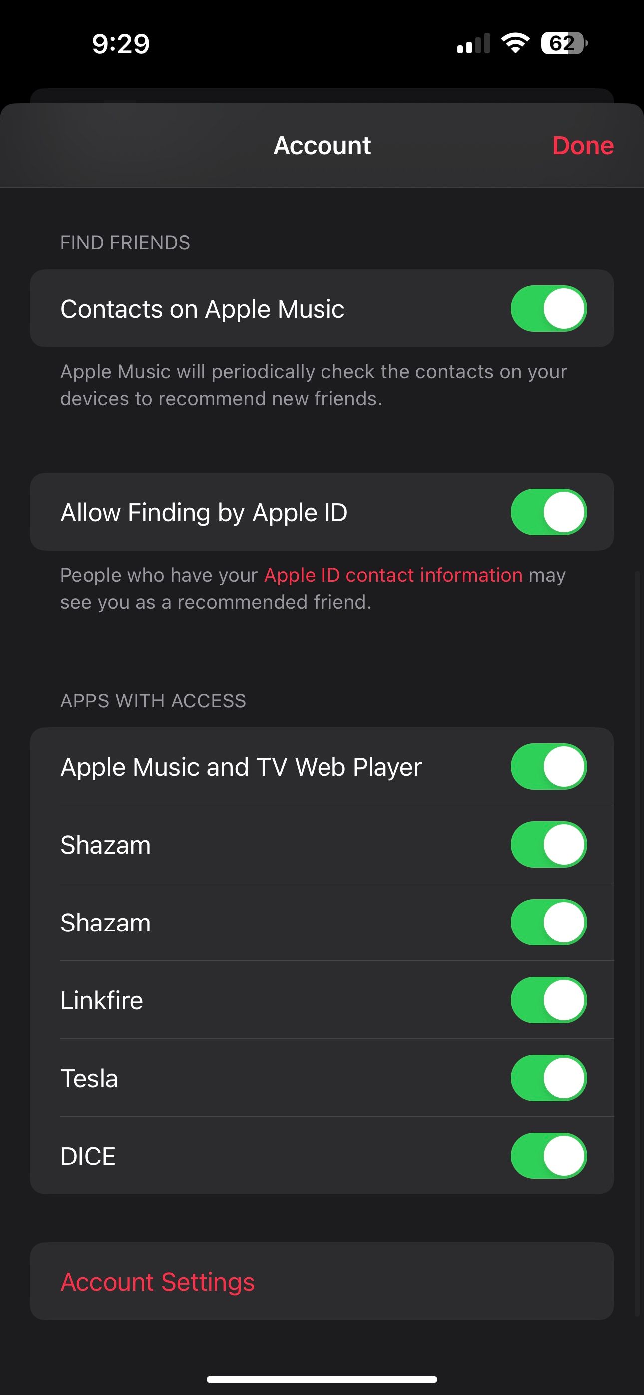 App access in Apple Music account settings