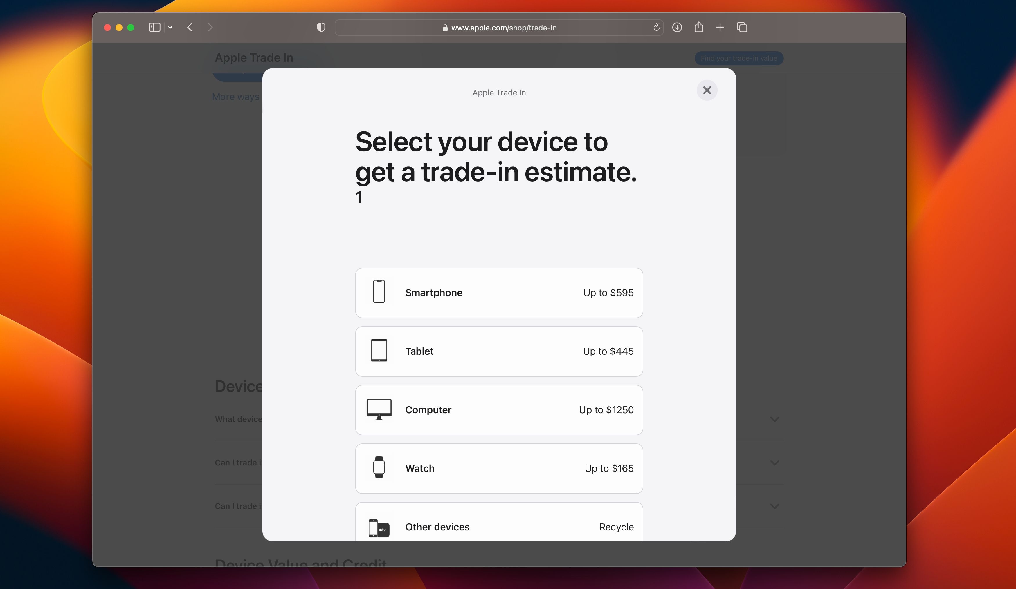 Choosing device type on the Apple Trade In website in Safari