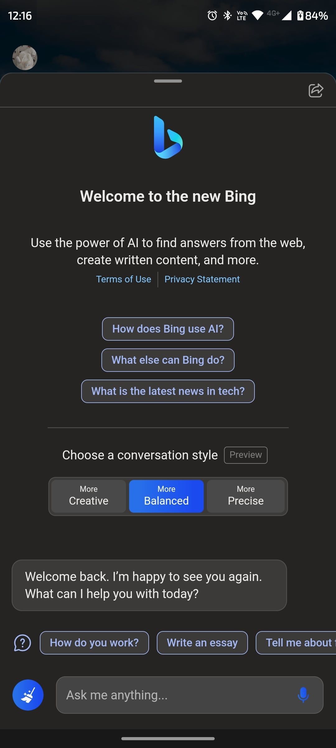 AI chat page for Bing app