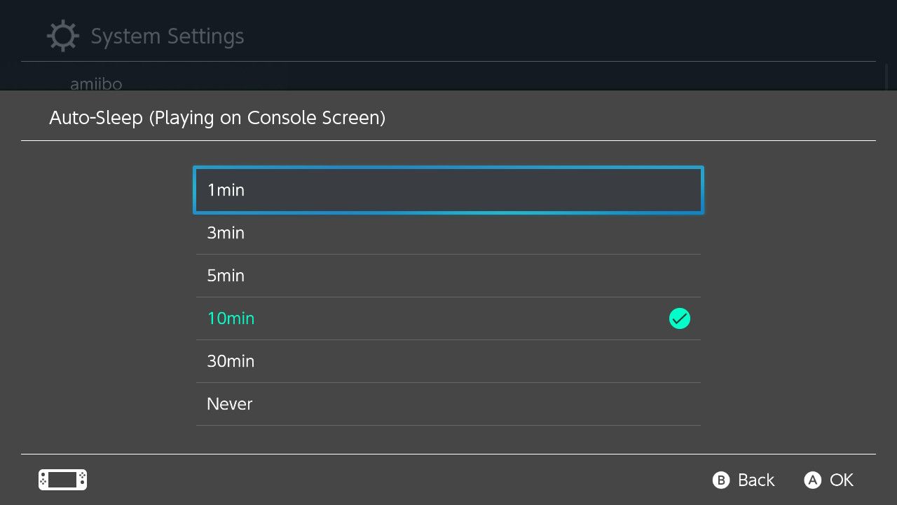 A screenshot of the Auto Sleep settings for Nintendo Switch with the option to set a shorter time frame highlgihted 